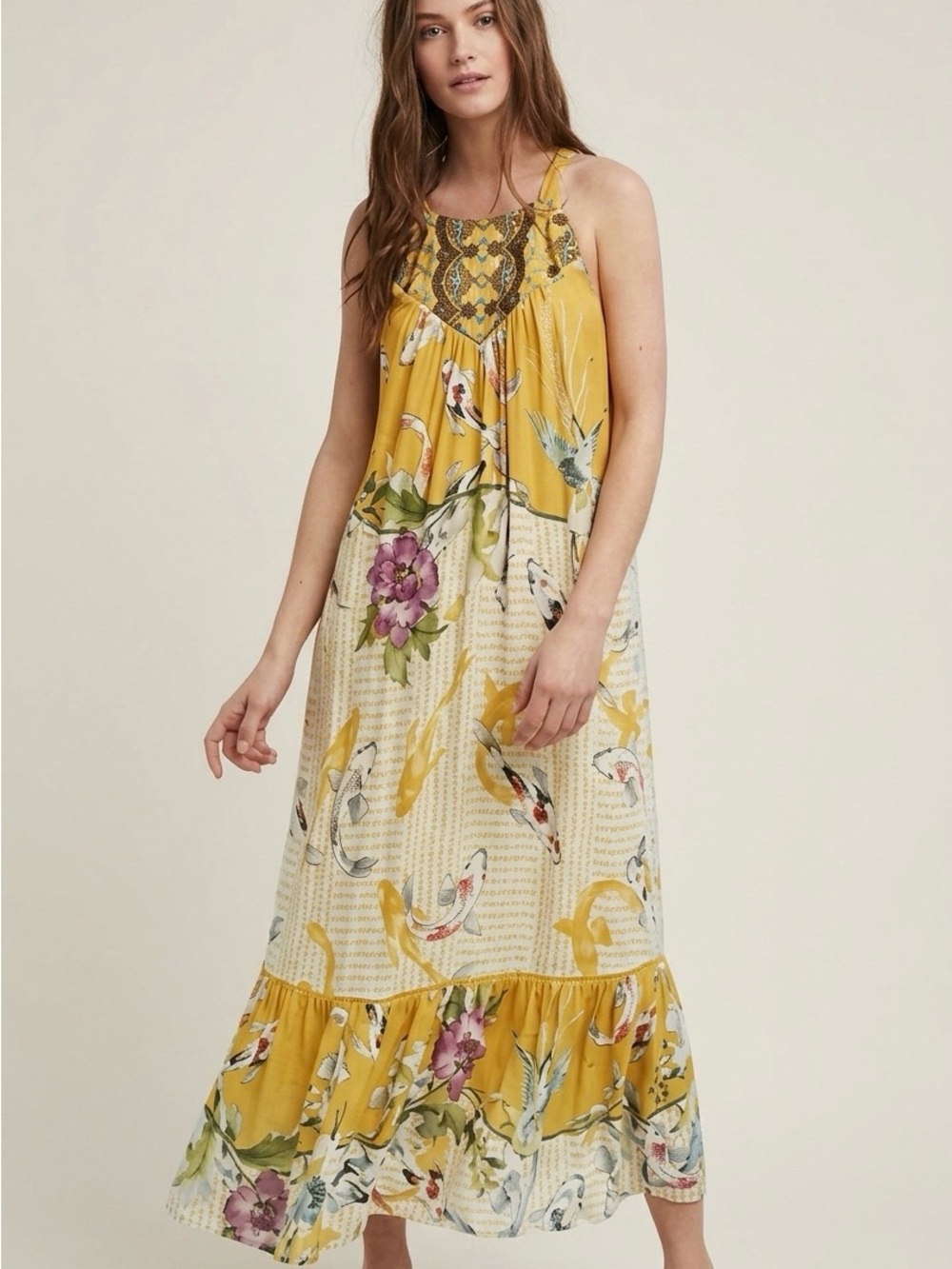 One September Anthropologie Yellow Koi Floral Maxi Dress XS Boho Hippie Festival